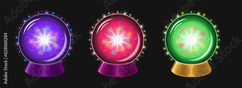 Magic balls on stand. Energy mysterious orbs with flash inside, mystic glow, sparks, magical crystal glass, sphere for prediction. Vintage style.