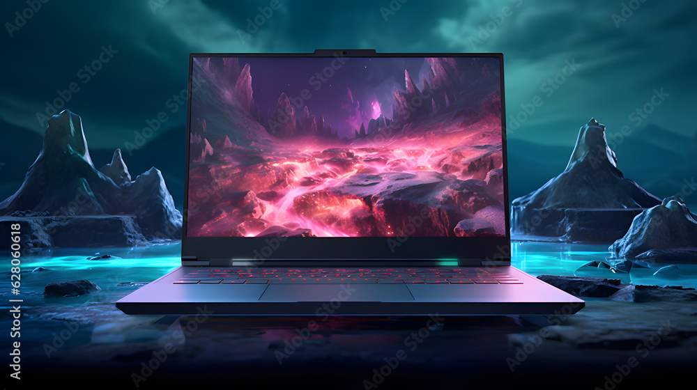 Gaming laptop with mountain view and fantasy screen wallpaper, ai generated