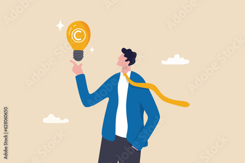 Copyright reserved, trademark intellectual property protection, original idea or innovation, legal or law protection registered concept, businessman holding light bulb idea with copyright symbol.