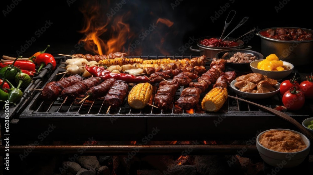 grilled barbeque with melted barbeque sauce and cut vegetables, blur background grilled barbeque with melted barbeque sauce and cut vegetables, blur background