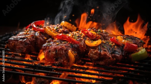 grilled barbeque with melted barbeque sauce and cut vegetables  blur background