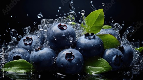 fresh blueberries splashed with water on black and blurry background