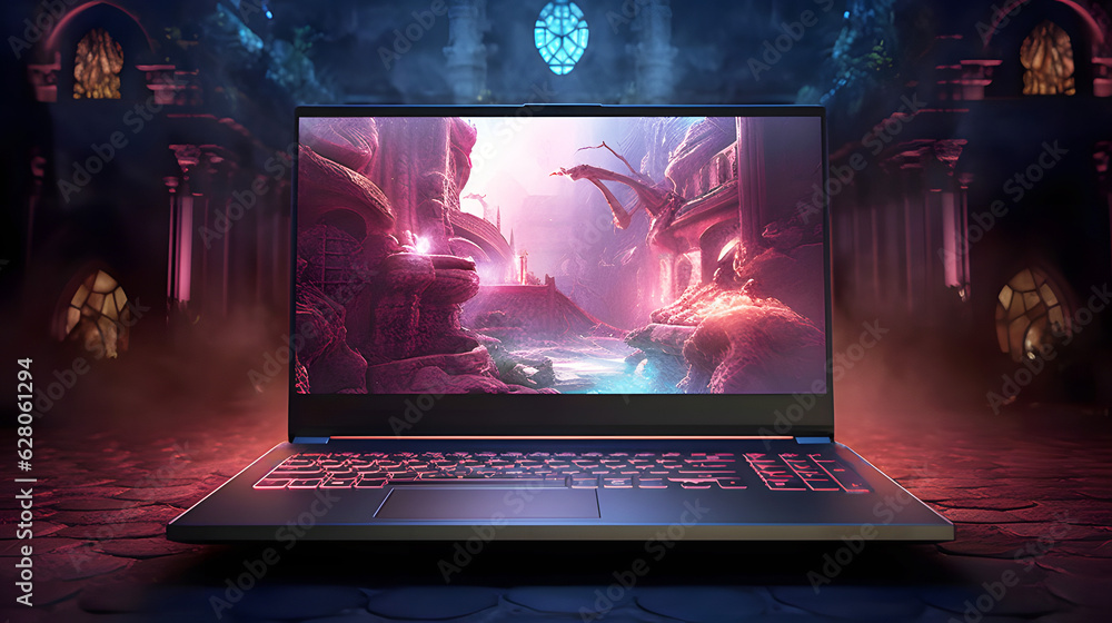 Glowing gaming laptop with 3D smoke effects and dungeon background wallpaper, ai generated Glowing gaming laptop with 3D smoke effects and dungeon background wallpaper, ai generated