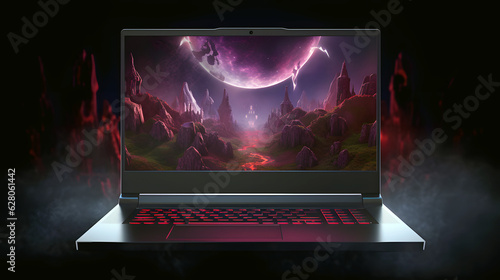 Glowing gaming laptop with 3D effects and kingdom background wallpaper, ai generated