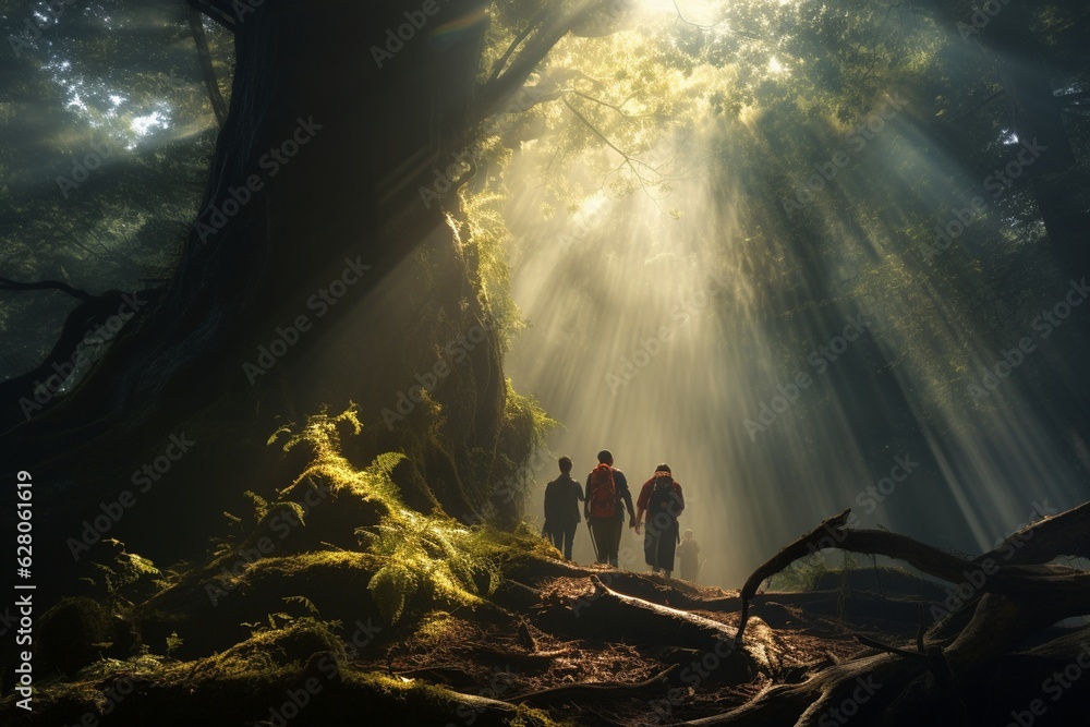 Photograph of people exploring enchanted forests amd mist and sun rays, Generative AI