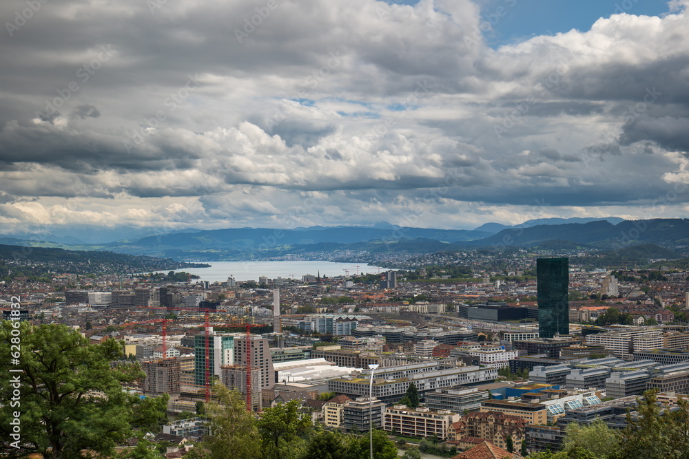 Zurich city Switzerland. Rooftop view of the city, cloudy summer day, no people