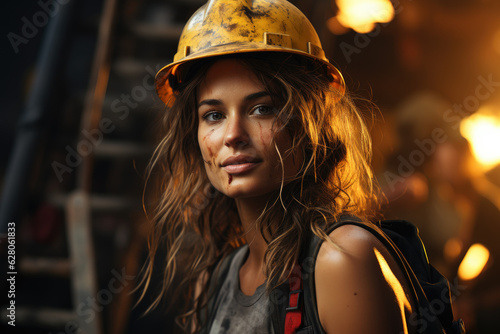 Attractive happy woman in worker clothes on construction site