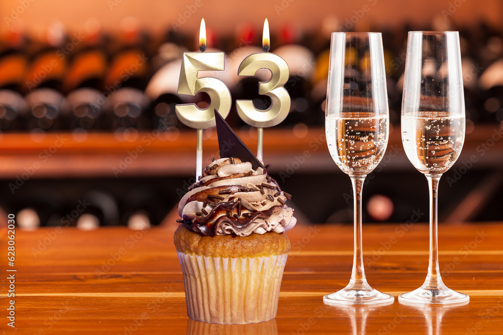 Cupcake With Numbers And Glasses With Wine For Birthday Or Anniversary