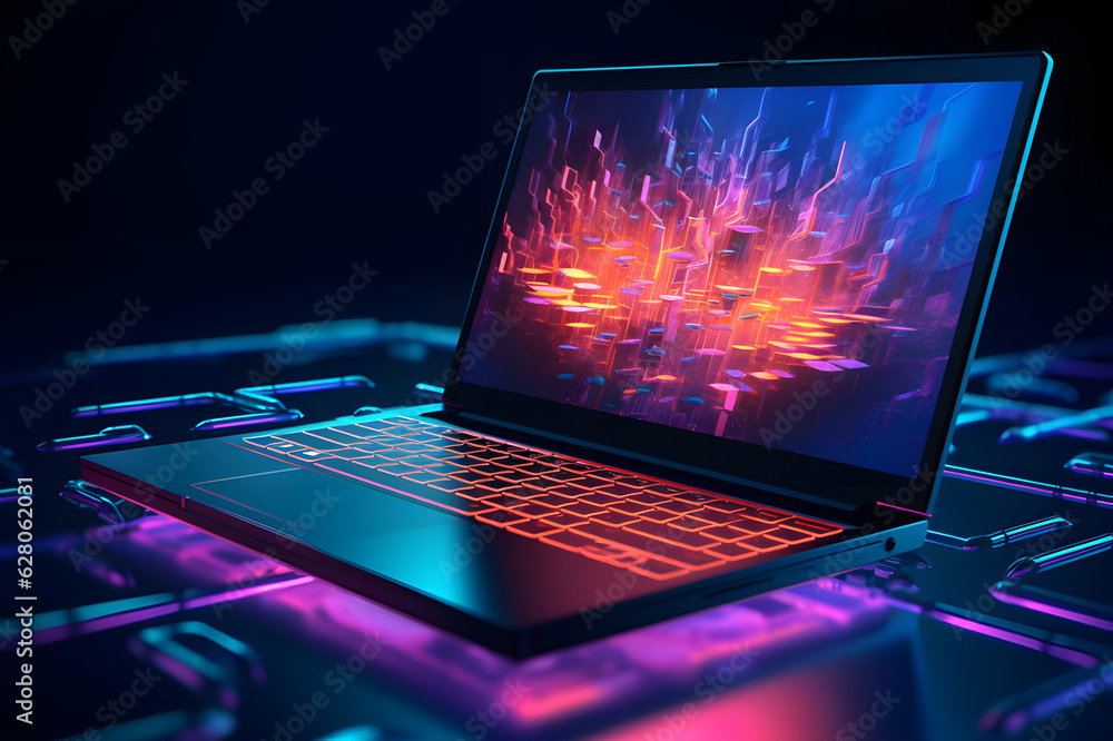 Neon glowing gaming laptop with 3D effects wallpaper, ai generated Neon glowing gaming laptop with 3D effects wallpaper, ai generated