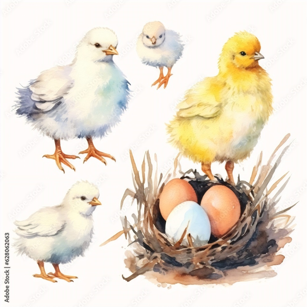 Generative AI : Whimsical Watercolor: Delightful Hand-Drawn Fluffy Chick Hatching in Pastel Perfection - A Springtime Artistic Creation
