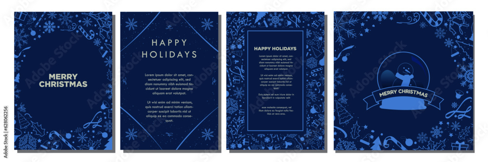 Navy Christmas Template Designs. Beautiful Monochromatic Christmas Backgrounds with teal blue Christmas element pattern ornaments. Greeting Card and poster templates. Editable Vector Illustration. Navy Christmas Template Designs. Beautiful Monochromatic Christmas Backgrounds with teal blue Christmas element pattern ornaments. Greeting Card and poster templates. Editable Vector Illustration.