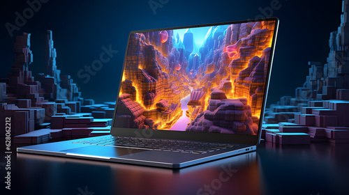 Glowing gaming laptop with 3D effects wallpaper, ai generated