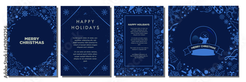 Navy Christmas Template Designs. Beautiful Monochromatic Christmas Backgrounds with teal blue Christmas element pattern ornaments. Greeting Card and poster templates. Editable Vector Illustration.