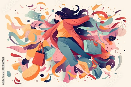 Fashion illustration of a young and stylish woman is depicted as a shopaholic shopper.