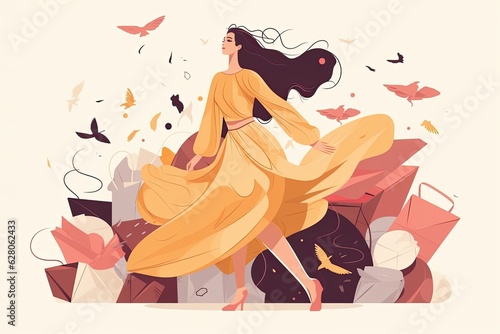 Illustration of a young and stylish woman in a yellow dress, fashion and lifestyle concepts.