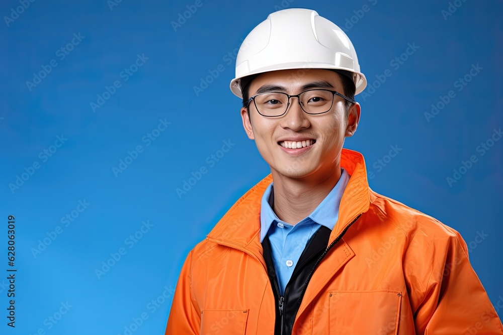 Portrait of young Asian man wearing safety helmet and reflective vest.Generative Ai Portrait of young Asian man wearing safety helmet and reflective vest.Generative Ai