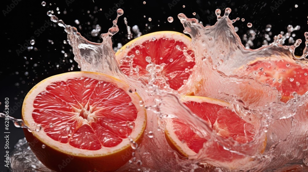 fresh grapefruits splashed with water on black and blurred background fresh grapefruits splashed with water on black and blurred background