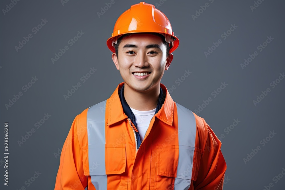 Portrait of young Asian man wearing safety helmet and reflective vest.Generative Ai Portrait of young Asian man wearing safety helmet and reflective vest.Generative Ai