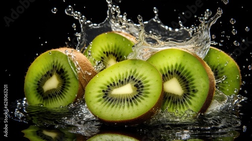 fresh green kiwis splashed with water on black and blurred background
