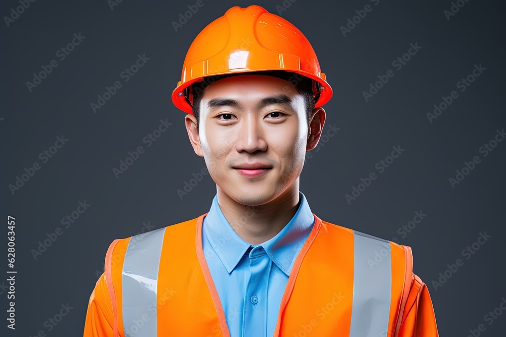 Portrait of young Asian man wearing safety helmet and reflective vest.Generative Ai Portrait of young Asian man wearing safety helmet and reflective vest.Generative Ai