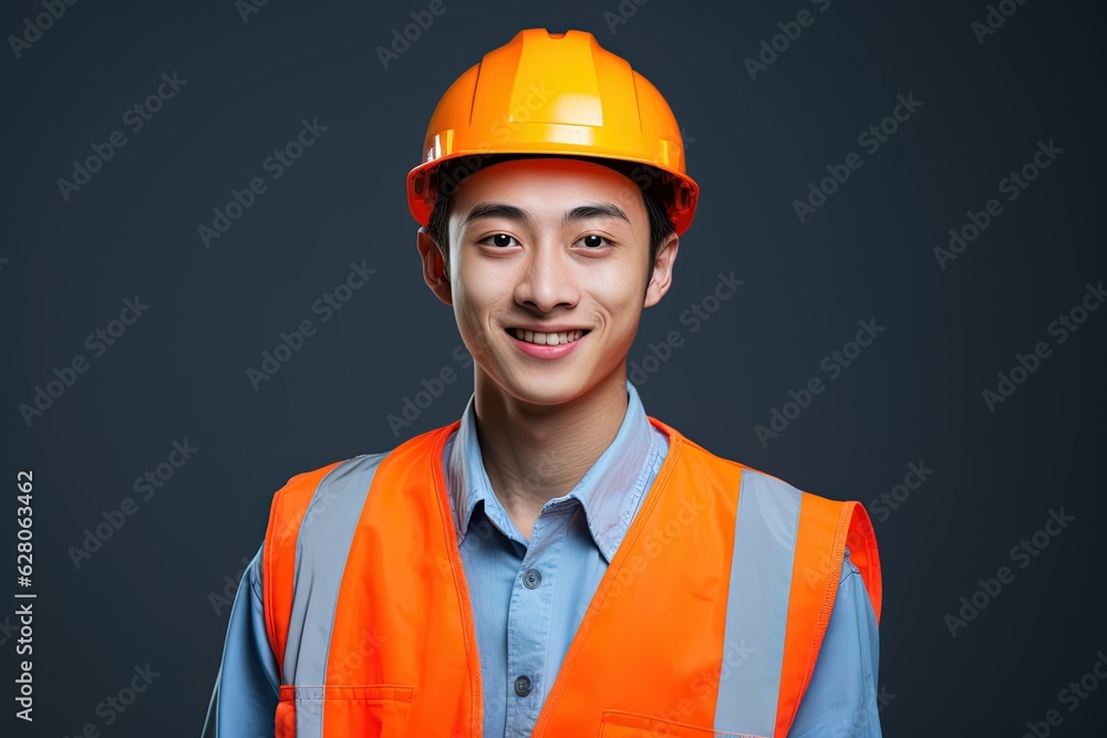Portrait of young Asian man wearing safety helmet and reflective vest.Generative Ai