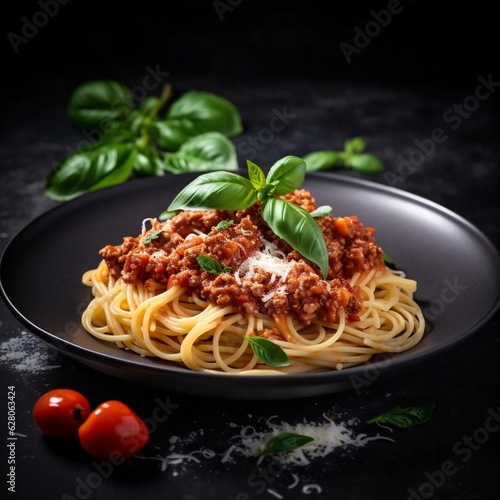 Generative AI   Delicious Spaghetti Bolognese with Fresh Basil and Savory Sauce - A Taste of Authentic Italian Cuisine