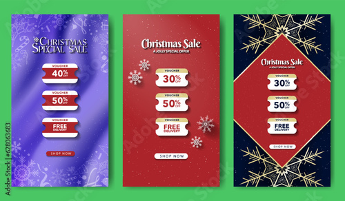 Set of Christmas Special Sale Voucher Templates for Social Media Stories with three coupons and CTA Button. Vector Illustrations. EPS 10.