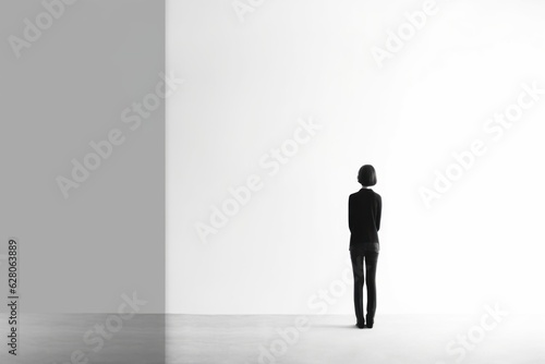 Illustration of a person standing in front of a blank white wall  created using generative AI technology
