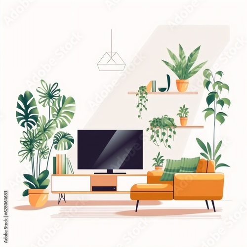 Generative AI   Modern Living  AI-Generated Illustration of a Cozy TV Room with Minimalist Charm on White Background