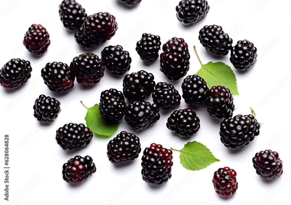 Healthy blackberries with leaves on white background.Top view.AI Genreative Healthy blackberries with leaves on white background.Top view.AI Genreative