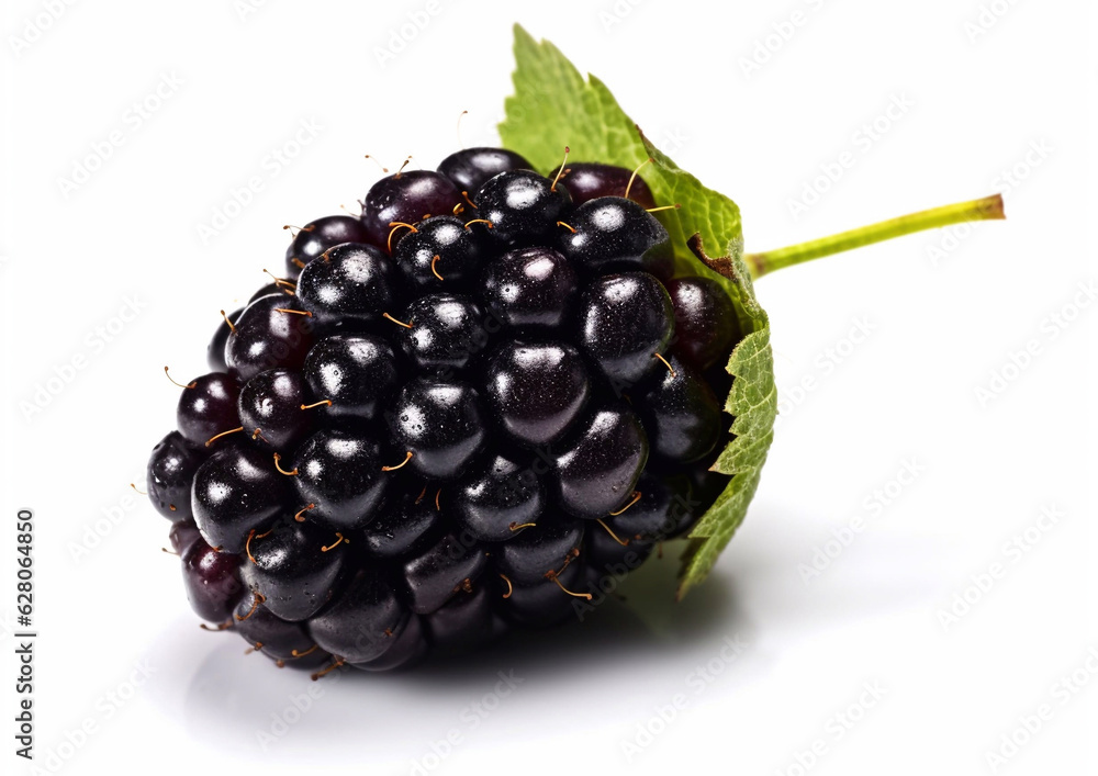 One fresh blackberry fruit with leaf on white background.Macro.Ai Generative. One fresh blackberry fruit with leaf on white background.Macro.Ai Generative.