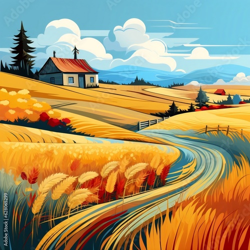 Generative AI : Abstract rural landscape with farm house. Vector illustration, wheat fields and meadows