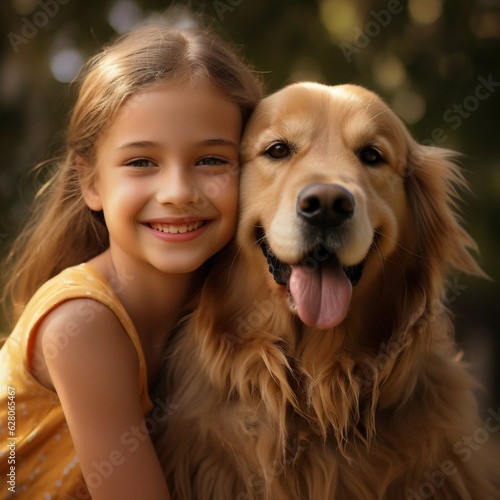 Generative AI : Joyful Companions: Delighted 9-Year-Old Girl and Ecstatic Dog Share Pure Happiness Outdoors