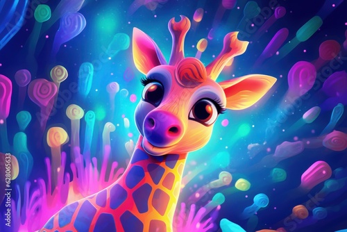 Illustration of a colorful painting of a giraffe against a vibrant background, created using generative AI