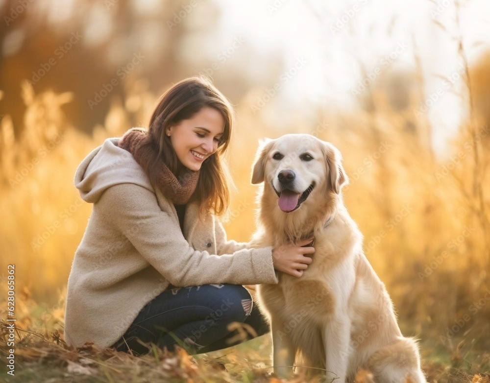 Generative AI : Nature's Bond: Young Woman Embracing Golden Retriever in Serene Harmony