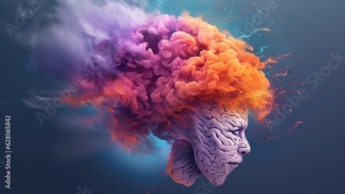 Human brain abstract art depicting colorful turbulence in head with copy space for text