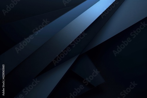 Black blue abstract modern background for design. Dark. Geometric shape. 3d effect. Diagonal lines, stripes. Triangles. Gradient. Light, glow. Metallic sheen. Minimal. Web, Generative AI