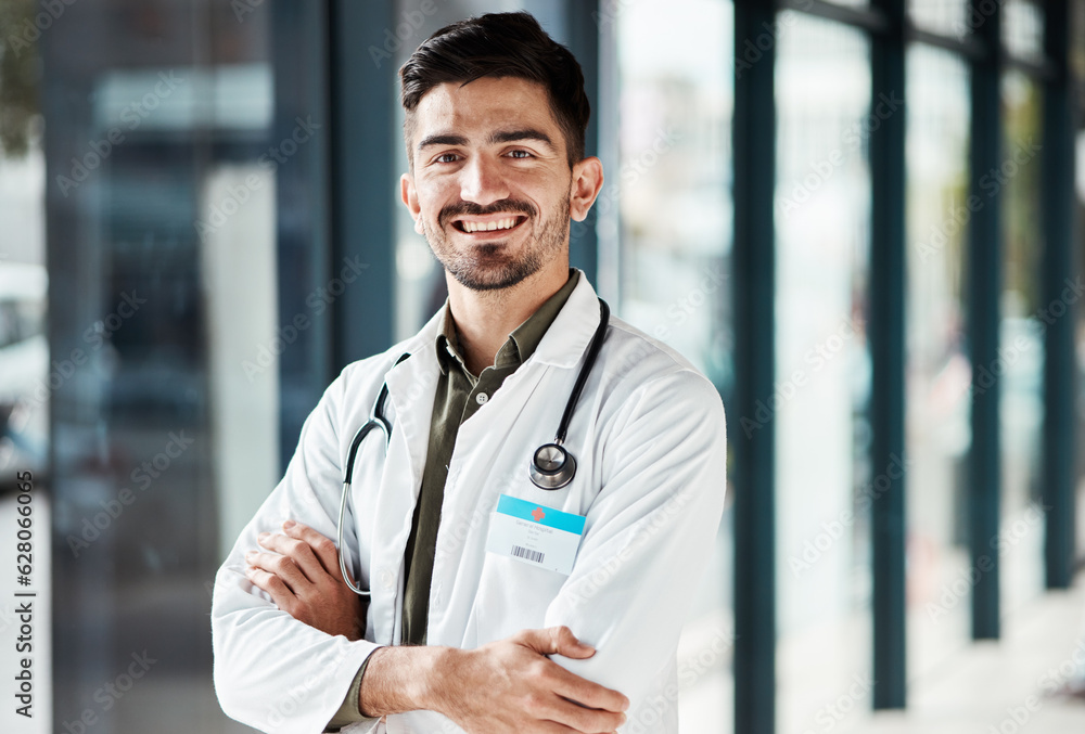 Portrait, doctor arms crossed and man smile for medical services, GP clinic support or professional medicare help. Medicine healthcare expert, hospital trust and surgeon pride in health wellness Portrait, doctor arms crossed and man smile for medical services, GP clinic support or professional medicare help. Medicine healthcare expert, hospital trust and surgeon pride in health wellness
