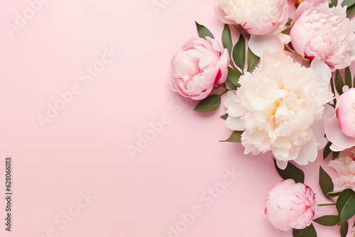 Tender peonies on pink background with copy space. Abstract natural floral frame layout with text space. Romantic feminine composition. Wedding invitation. International Women day, Mother Day concept