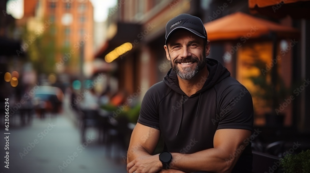 Fototapeta premium portrait of a man. middle age mann running. urban city background.