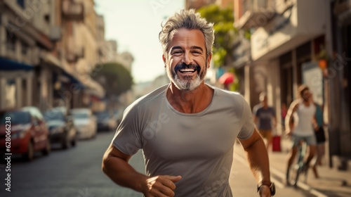 portrait of a man. middle age man running. urban city background.