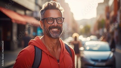 portrait of a man. middle age man running. urban city background.