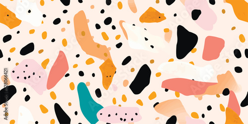 Colorful seamless terrazzo pattern. Hand drawn trendy abstract illustrations. Creative collage seamless pattern