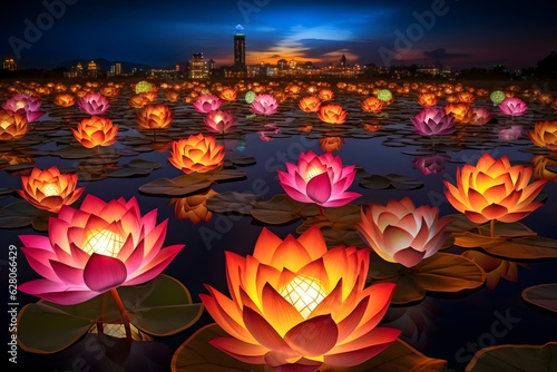 Vibrant lotus lanterns illuminating a Buddhist festival, embodying enlightenment and the symbolic purity of heart and mind in Buddhism