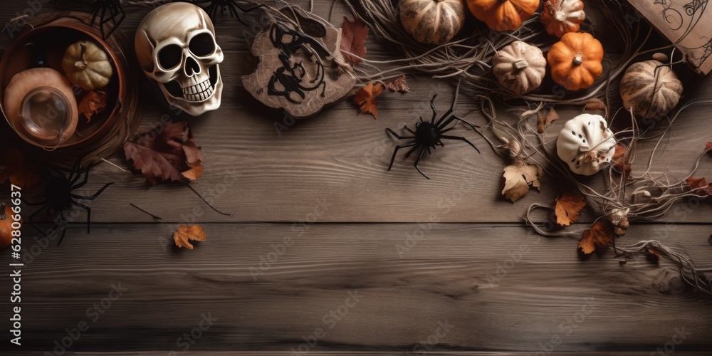 Spooky Halloween Items on a Brown Wooden Background with Ample Copy Space