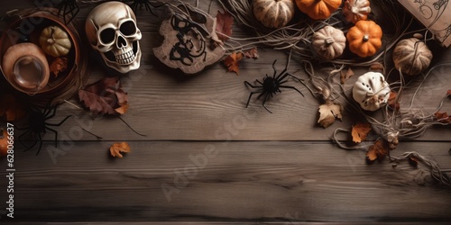 Spooky Halloween Items on a Brown Wooden Background with Ample Copy Space