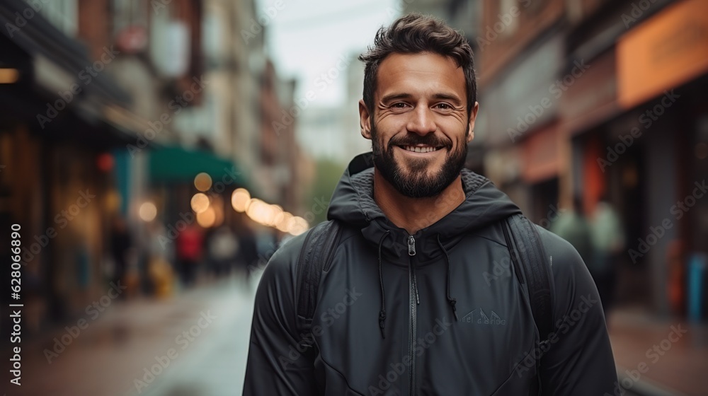 Fototapeta premium portrait of a man. middle age man running. urban city background.