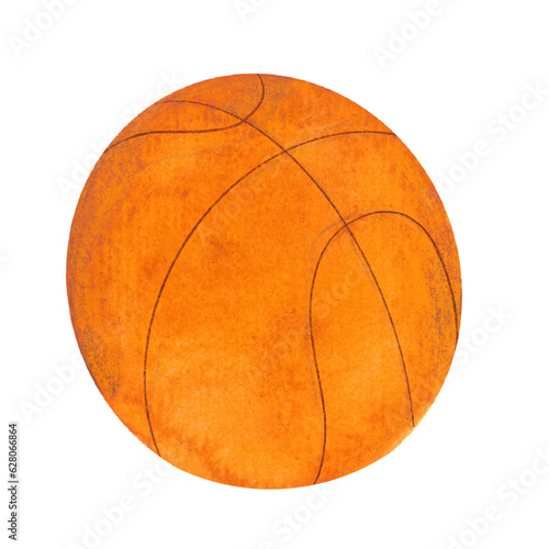 basketball ball, equipment for sports and ball games, painted by hand in watercolor