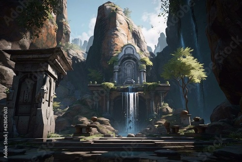 Experience Unreal Engine 5's stunning details on a majestic landscape with waterfall and hidden shrine. Generative AI © Ryleigh