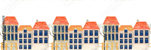 banner stripe with houses autumn halloween hand drawn watercolor